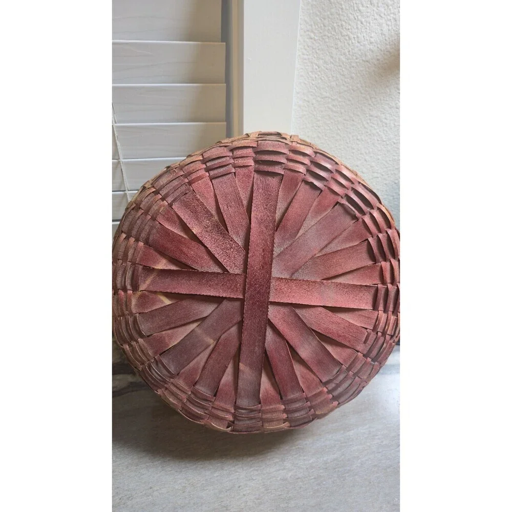 Handwoven Split Wood Lidded Basket Primitive Farmhouse Storage Red Accent 10.5